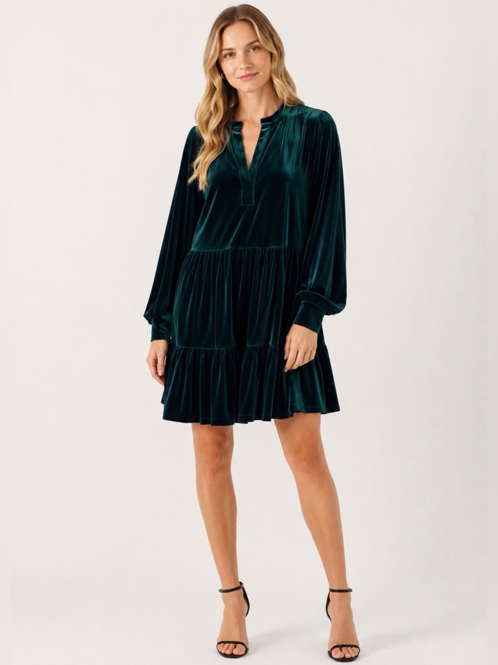 1. State Green Velvet Tiered Long-Sleeve Dress L